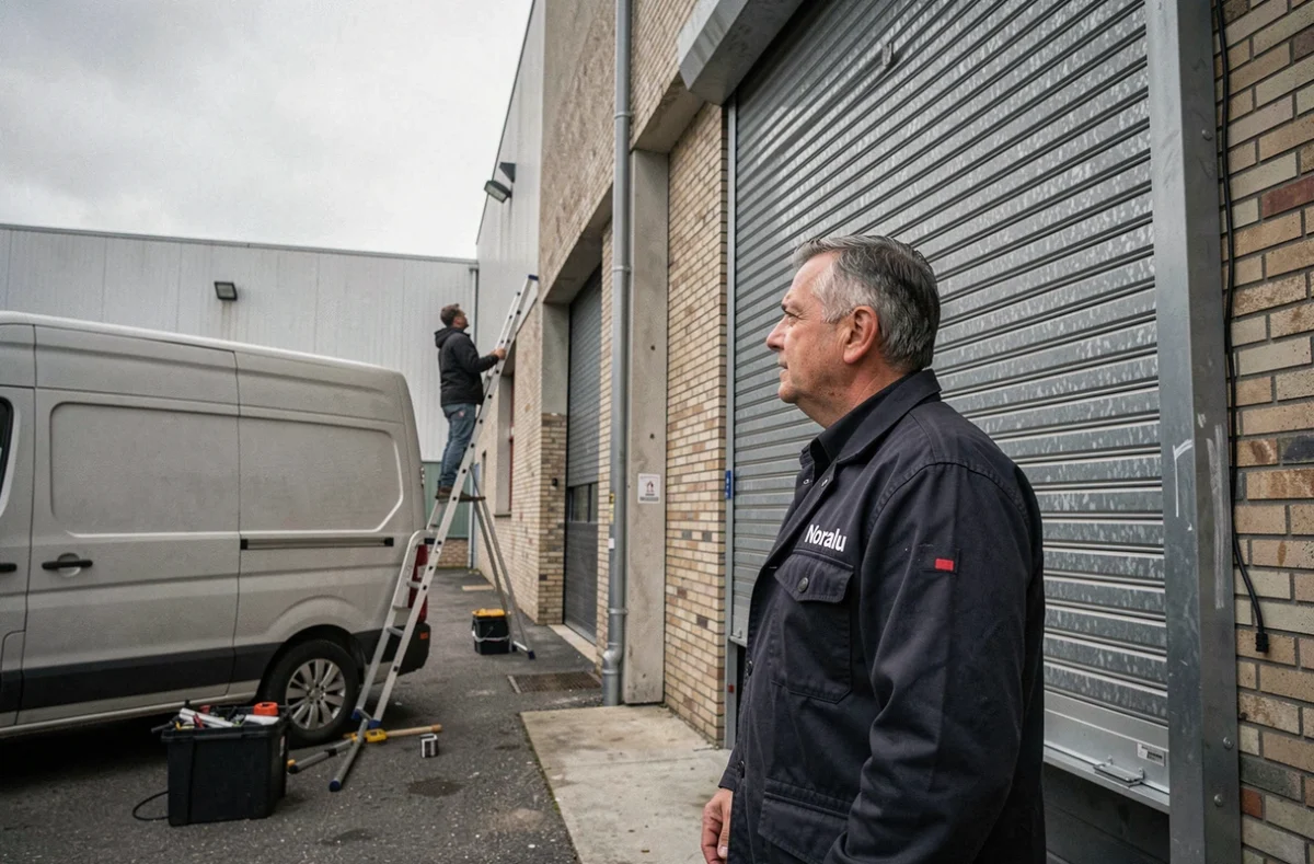 Chef de chantier de Sarl Exploitation Noralu supervisant l'installation d'un rideau métallique industriel
