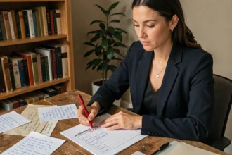 Femme concentrée cochant des objectifs sur une liste de succès dans un bureau à domicile