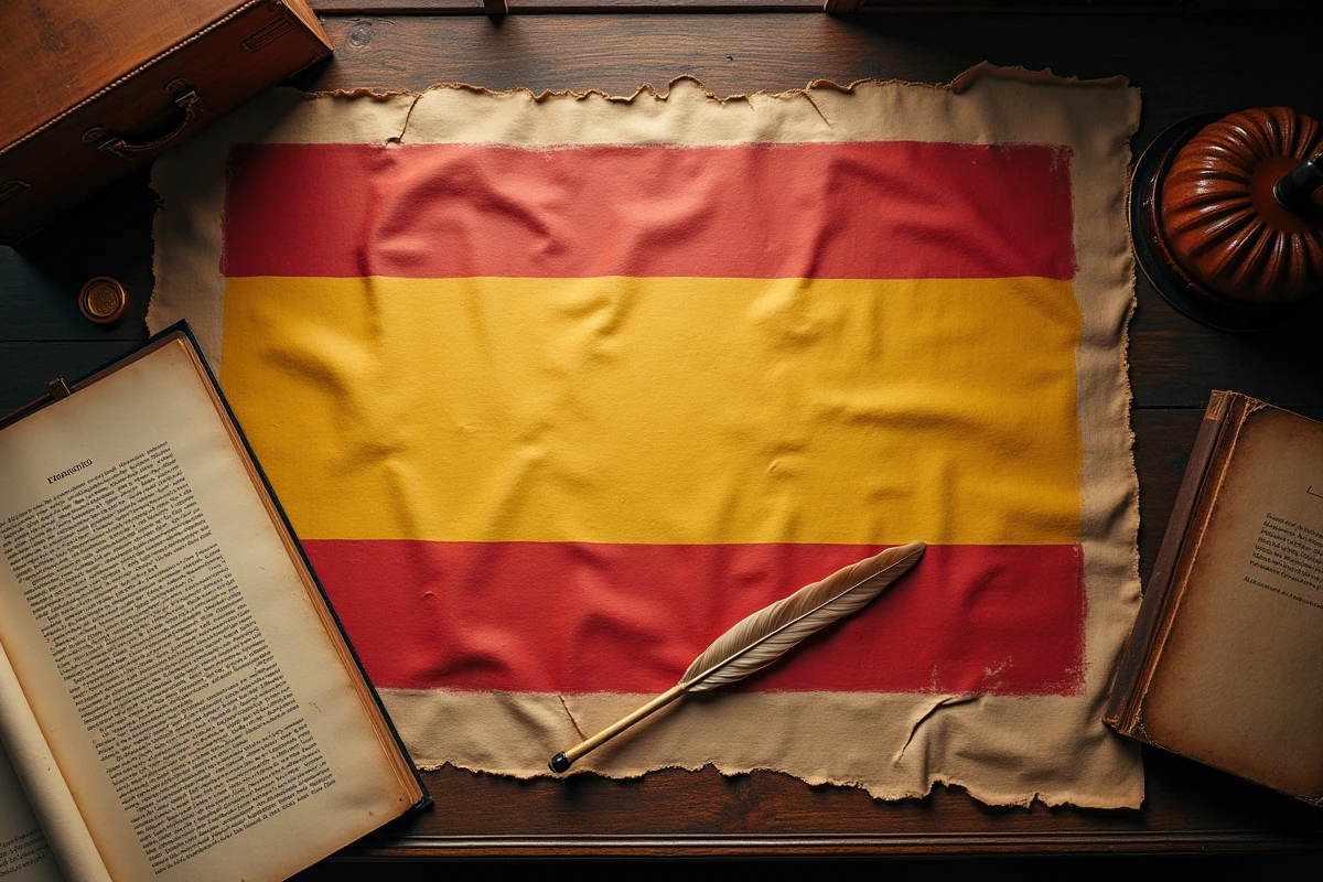 Vue de dessus d'un drapeau espagnol peint à la main sur lin avec des documents historiques évoquant l'origine des couleurs rouge et jaune