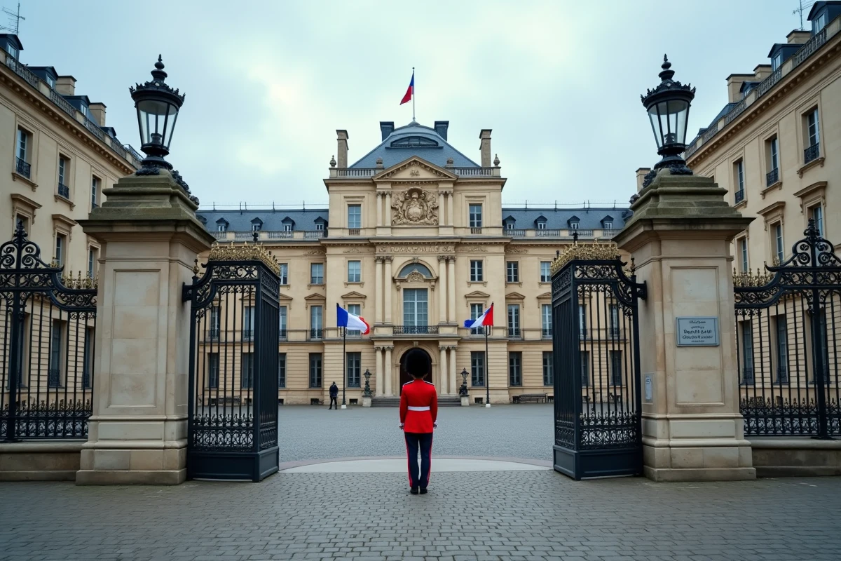 Façade du Palais de l'Élysée avec garde républicain symbolisant les pouvoirs exceptionnels de l'article 16