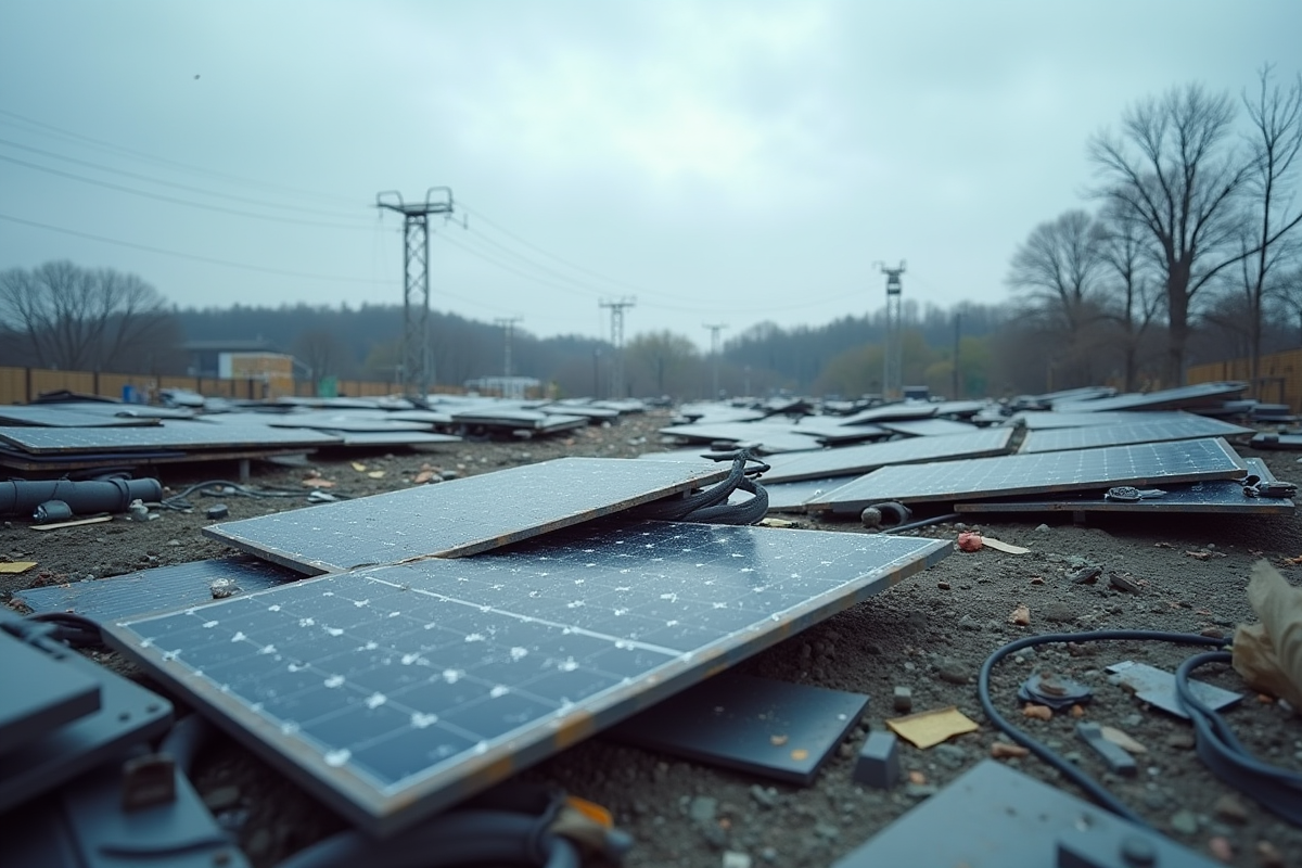 Panneaux solaires endommagés avec câblage en désordre sur un chantier