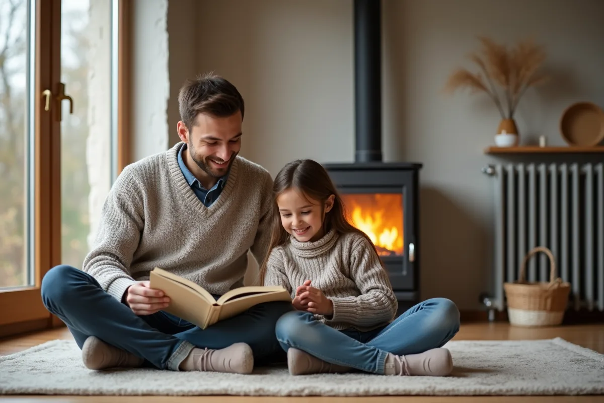 Père et fille lisant ensemble près d’un panneau de chauffage