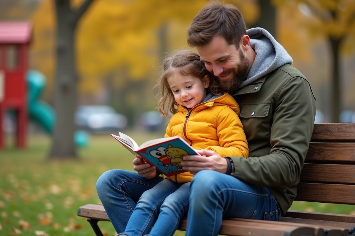 Père et fille lisant un livre dans un parc en automne