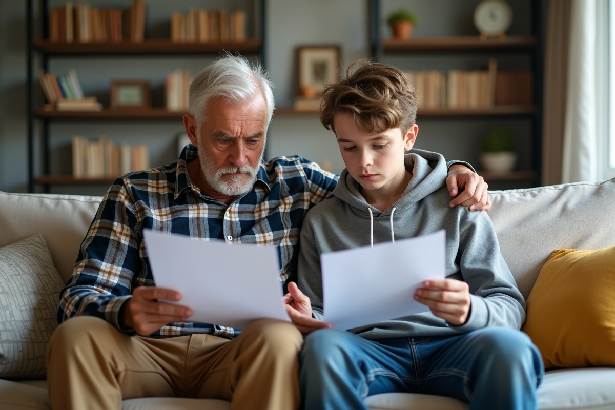 Père et fils examinant des documents de location dans le salon
