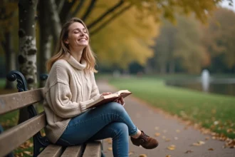 Femme se relaxant dans le Parc de la Citadelle à Lille, assise sur un banc en bois entouré de feuilles d'automne, parfait pour déconnecter le week-end
