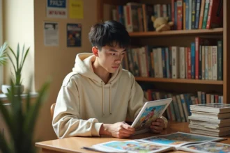 Jeune passionné de manga BL parcourant des volumes manga et une tablette affichant des planches illustrées dans une chambre cosy