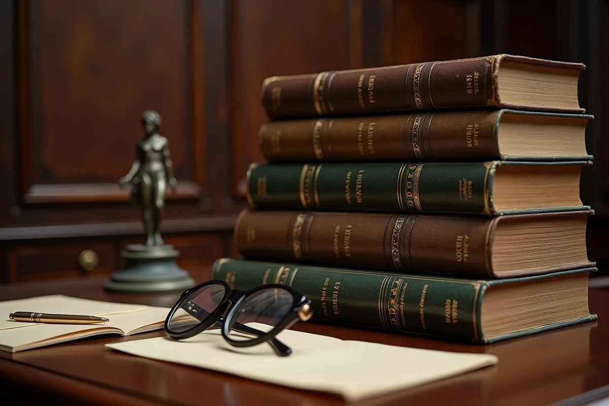 Nature morte de livres d'histoire, stylo plume et documents officiels sur un bureau en acajou ancien, symbolisant le patrimoine culturel et académique d'une grande historienne française