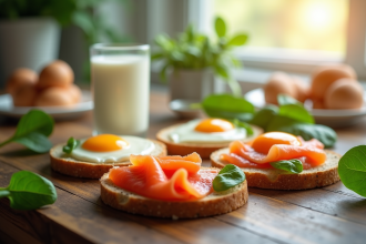 Table de petit déjeuner avec œufs fromage et saumon fumé