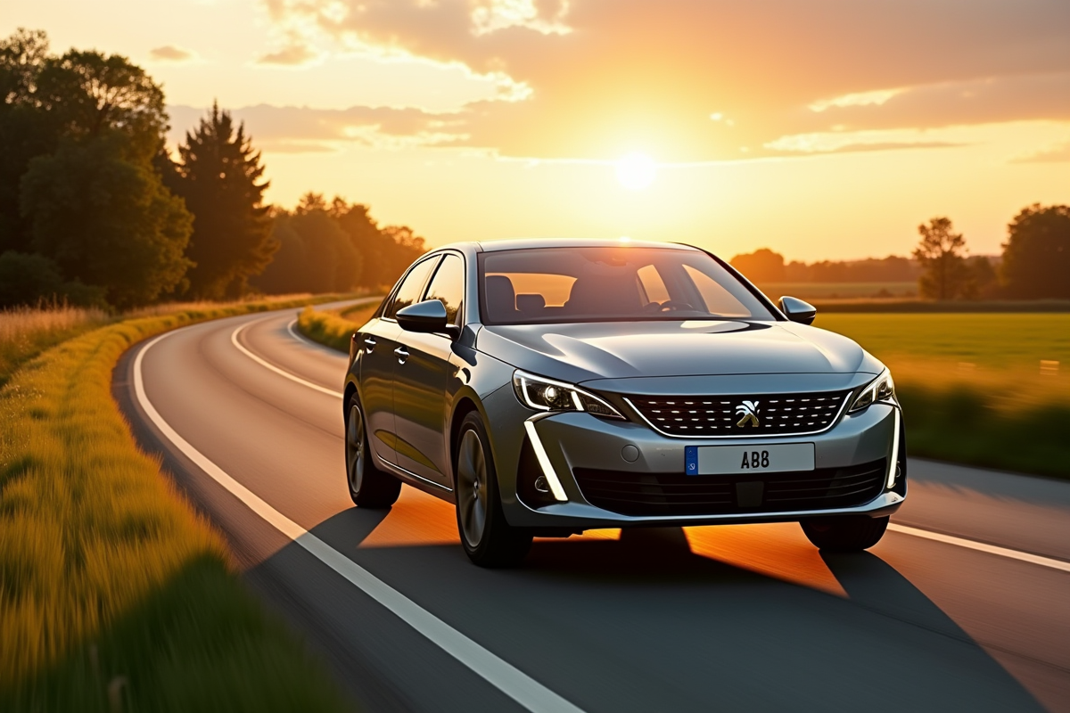 Peugeot 408 hybride en mouvement en campagne au coucher du soleil