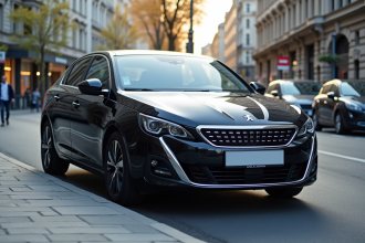 Peugeot 408 hybride en ville en plein jour