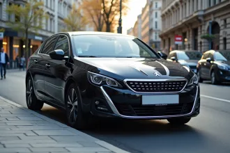 Peugeot 408 hybride en ville en plein jour