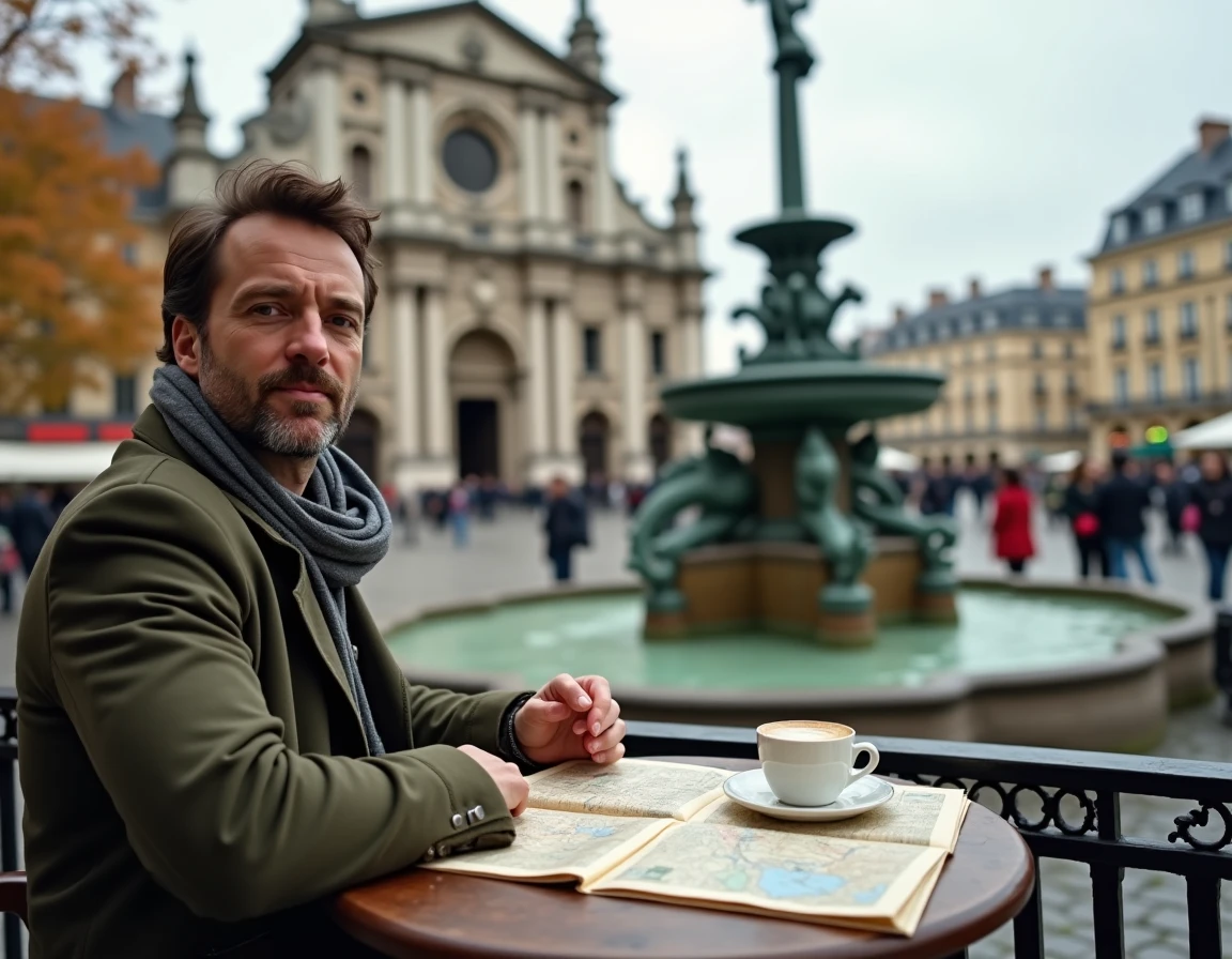 Homme attablé en terrasse place Saint-Michel à Paris avec la fontaine en arrière-plan, quartier desservi par le métro ligne 4