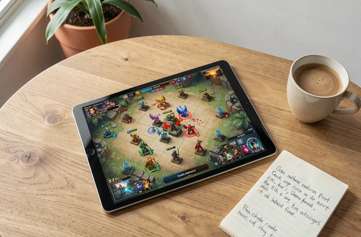 Vue aérienne d'une tablette affichant un plateau TFT en fin de partie avec des unités en rouge symbolisant l'échec d'une composition mal optimisée