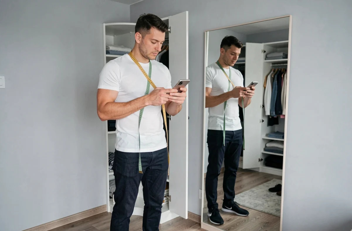 Homme prenant ses mesures avec un mètre ruban devant un miroir pour choisir la bonne taille sur un site de vêtements
