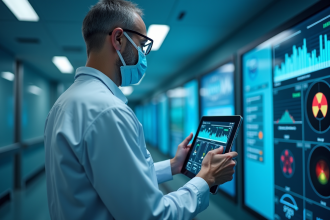 Médecin utilisant une tablette avec logiciel de radioprotection dans une salle lumineuse