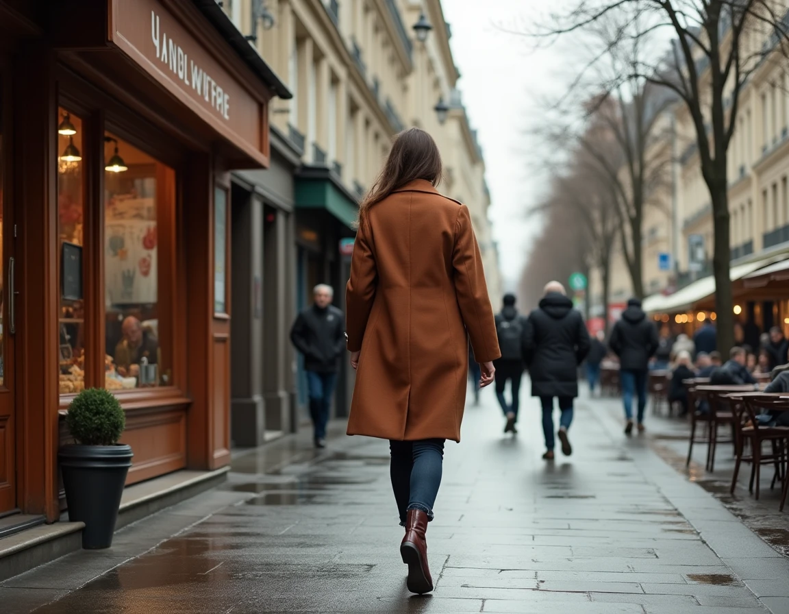 Femme marchant dans un boulevard haussmannien du quartier Montparnasse près du métro ligne 4 à Paris