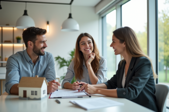 Jeune couple rencontrant un conseiller immobilier dans un bureau lumineux