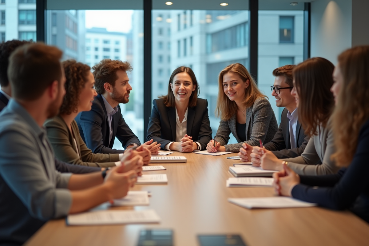 Groupe divers d'adultes en réunion de travail en entreprise
