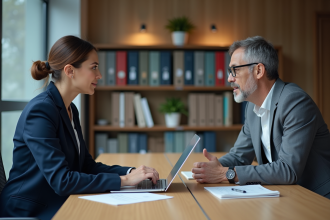 Deux professionnels en réunion dans un bureau organisé