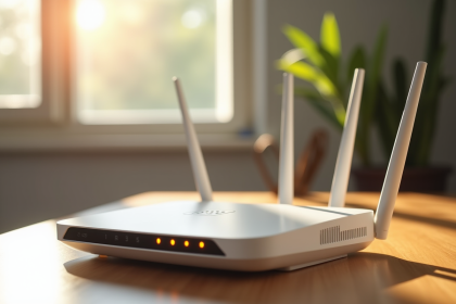 Routeur wifi moderne sur bureau en lumière naturelle