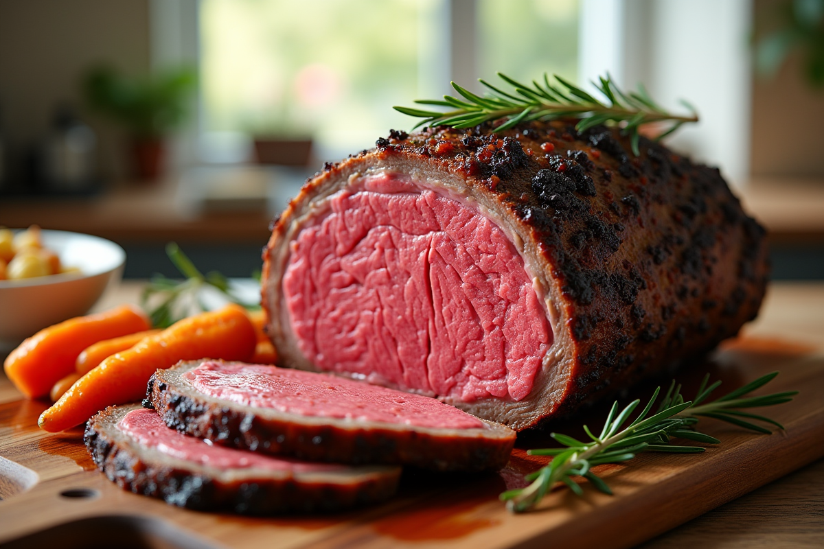 Rôti de boeuf cuit tranché avec centre rose sur planche en bois