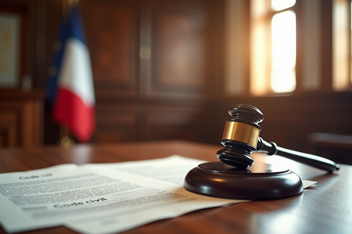 Salle de tribunal moderne avec marteau et code civil lumineux