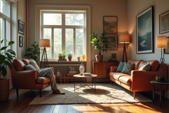 Salon moderne avec mobilier vintage et lumière naturelle