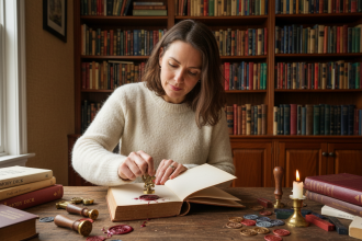 Femme apposant un sceau sur un livre dans une bibliothèque chaleureuse
