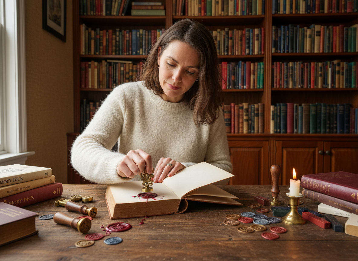 Femme apposant un sceau sur un livre dans une bibliothèque chaleureuse
