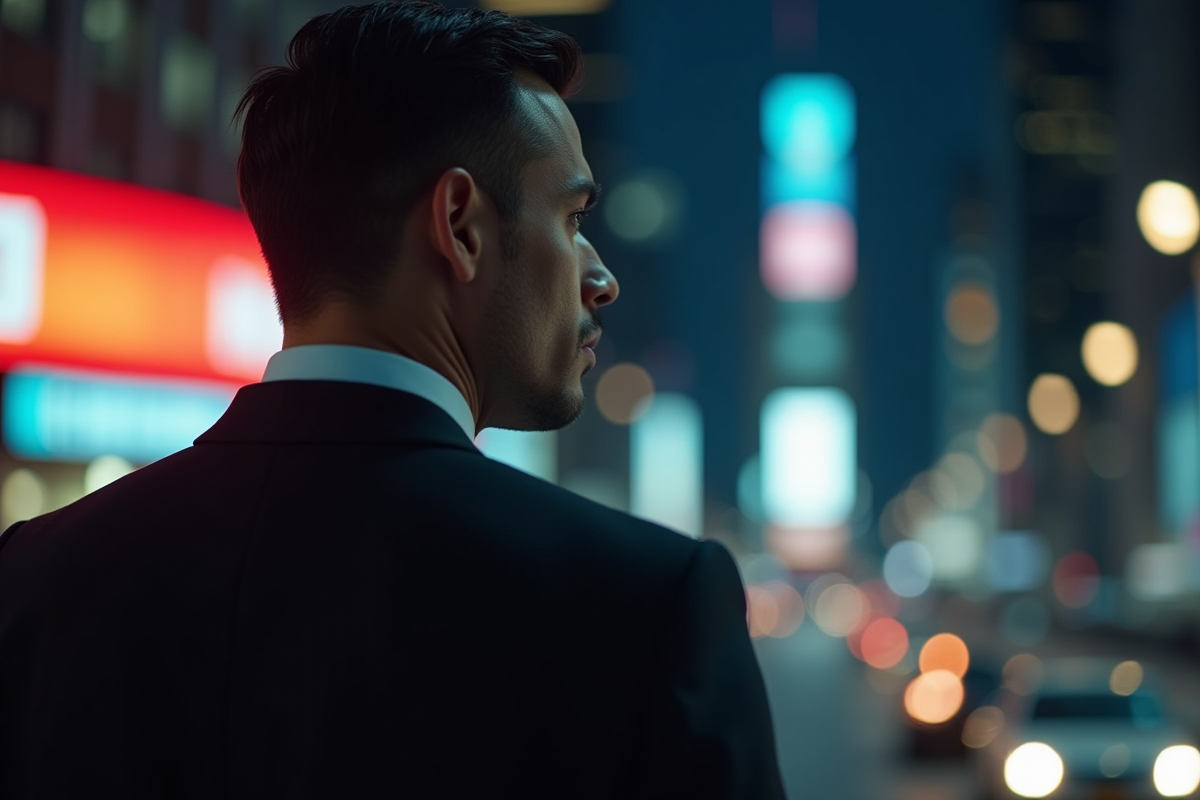 Scène de film dramatique avec homme en costume devant ville néon