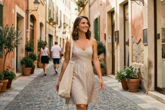 Femme faisant du shopping dans une rue commerçante de Montpellier ouverte le dimanche sous le soleil