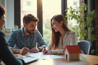 Jeune couple signant un contrat immobilier avec un notaire