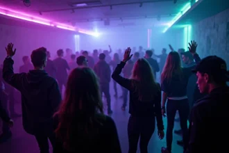 Foule de jeunes en soirée électro dans un club souterrain à Marseille avec ambiance fumée et lumières LED