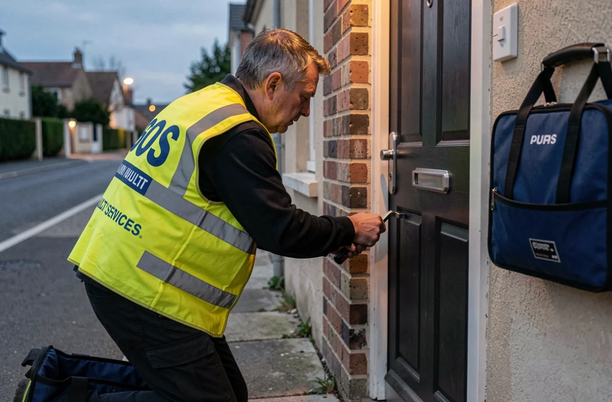 Technicien SOS Multi Services intervenant en urgence sur une porte résidentielle verrouillée au crépuscule