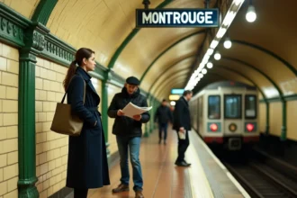 Quai de station de métro parisien ligne 4 avec carrelage Art Nouveau et voyageurs en attente