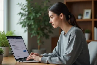 Femme supprimant son compte Instanjmm sur un ordinateur portable dans un bureau à domicile