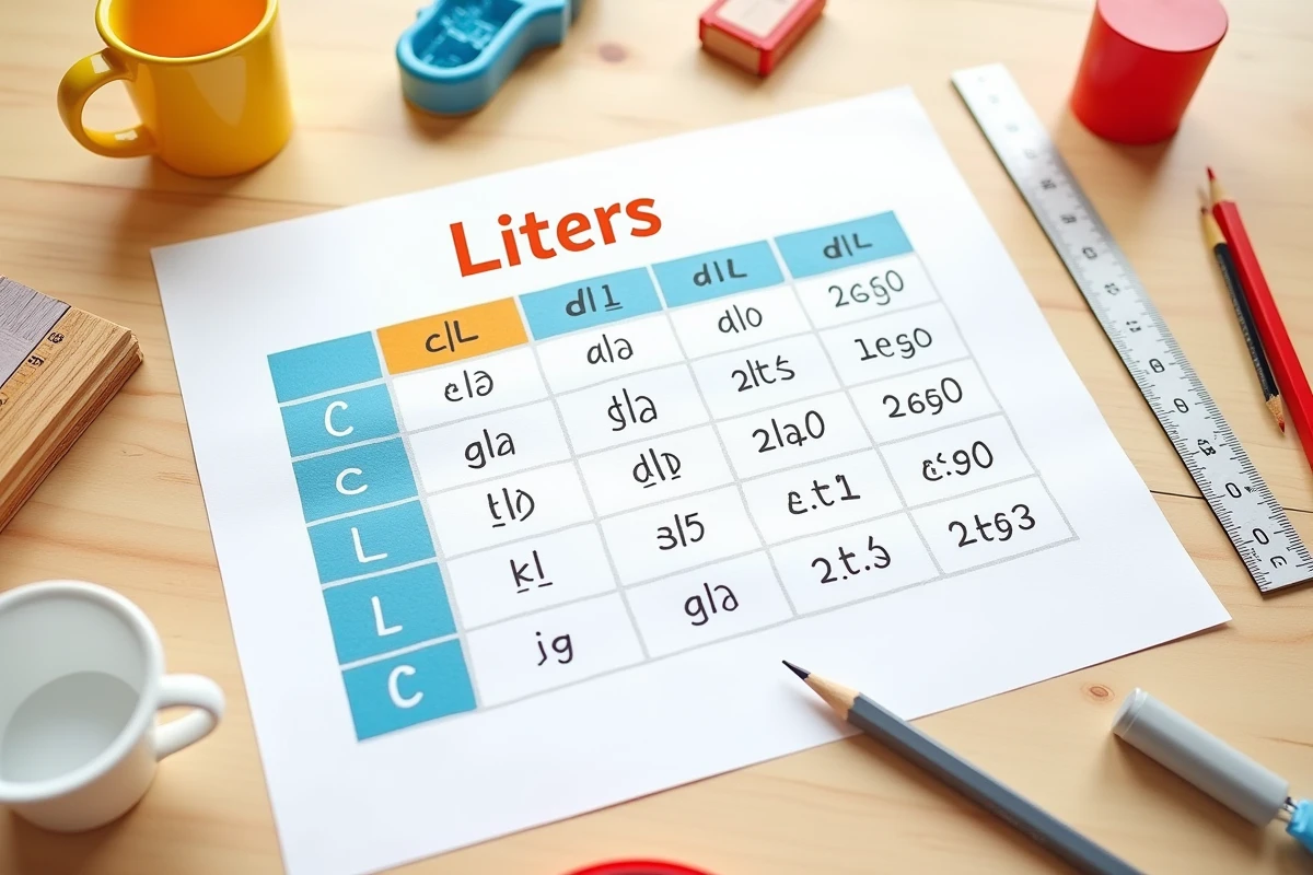 Vue aérienne d'un tableau de conversion des litres en centilitres et décilitres entouré de fournitures scolaires sur une table en bois