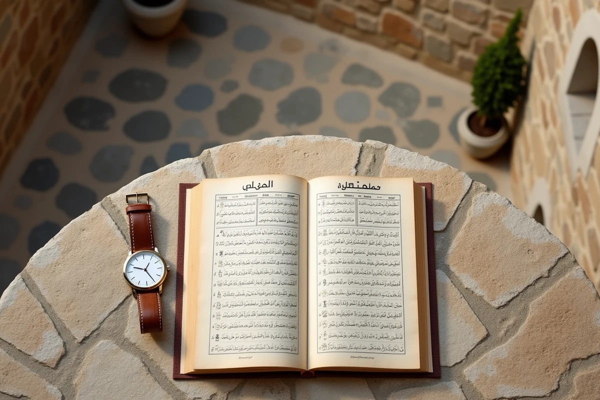 Tableau des horaires de prière islamique et montre mécanique sur pierre à Nîmes