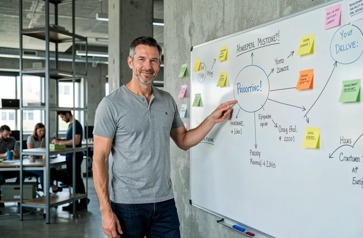 Homme debout devant un tableau de planification de succès et d'objectifs prioritaires dans un espace de travail moderne