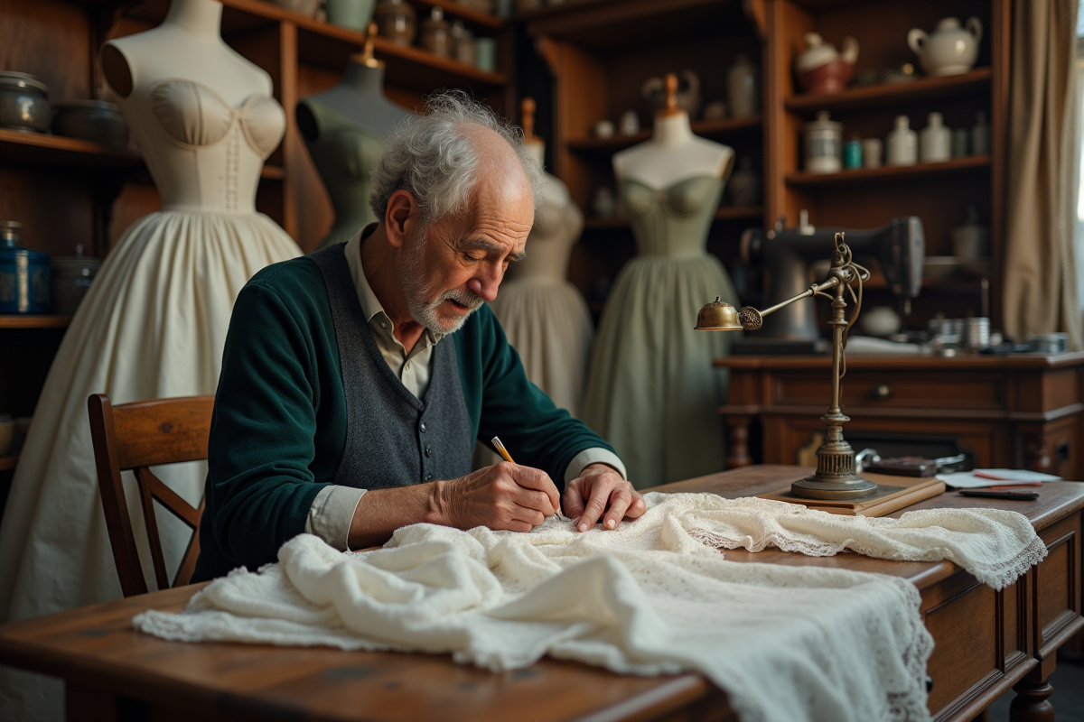 Tailleur âgé cousant une robe victorienne dans son atelier