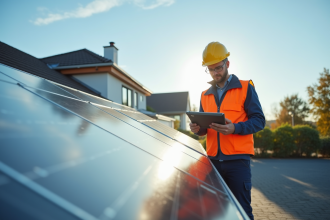 Technicien en sécurité inspectant des panneaux solaires sur un toit