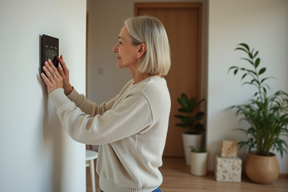 Femme ajustant un thermostat mural dans un salon moderne