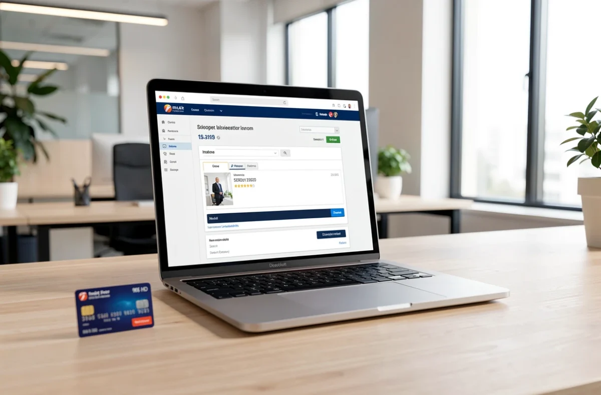 Un paiement en ligne sur ordinateur avec une carte posée à côté