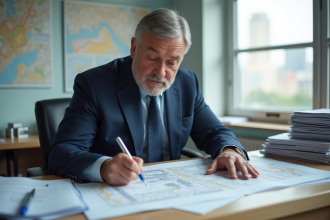Urbaniste homme en costume bleu examine des plans