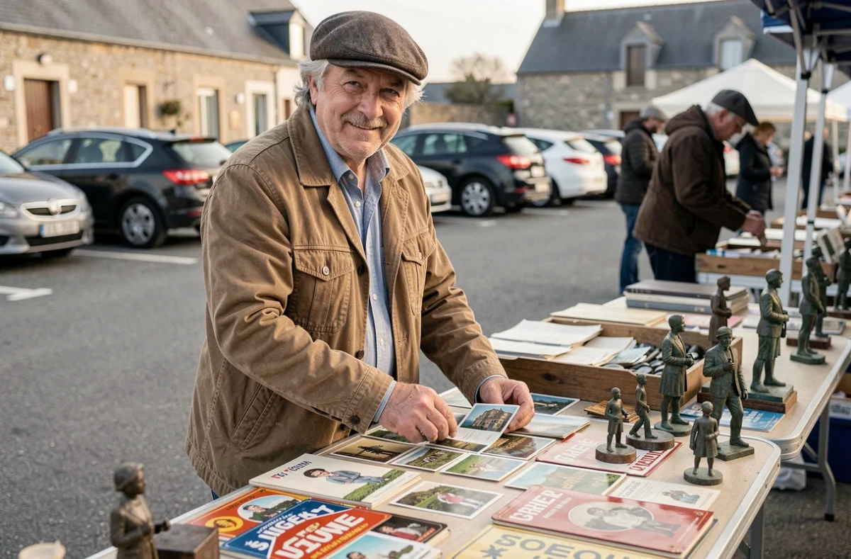 Vendeur au stand d'un vide-grenier dans une petite ville du Finistère arrangeant des objets de collection