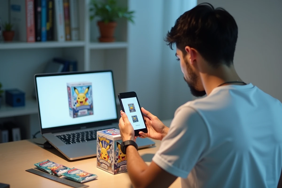 Jeune homme vérifiant l'authenticité d'une ETB Pokémon Aventure Ensemble avec son smartphone et un ordinateur portable