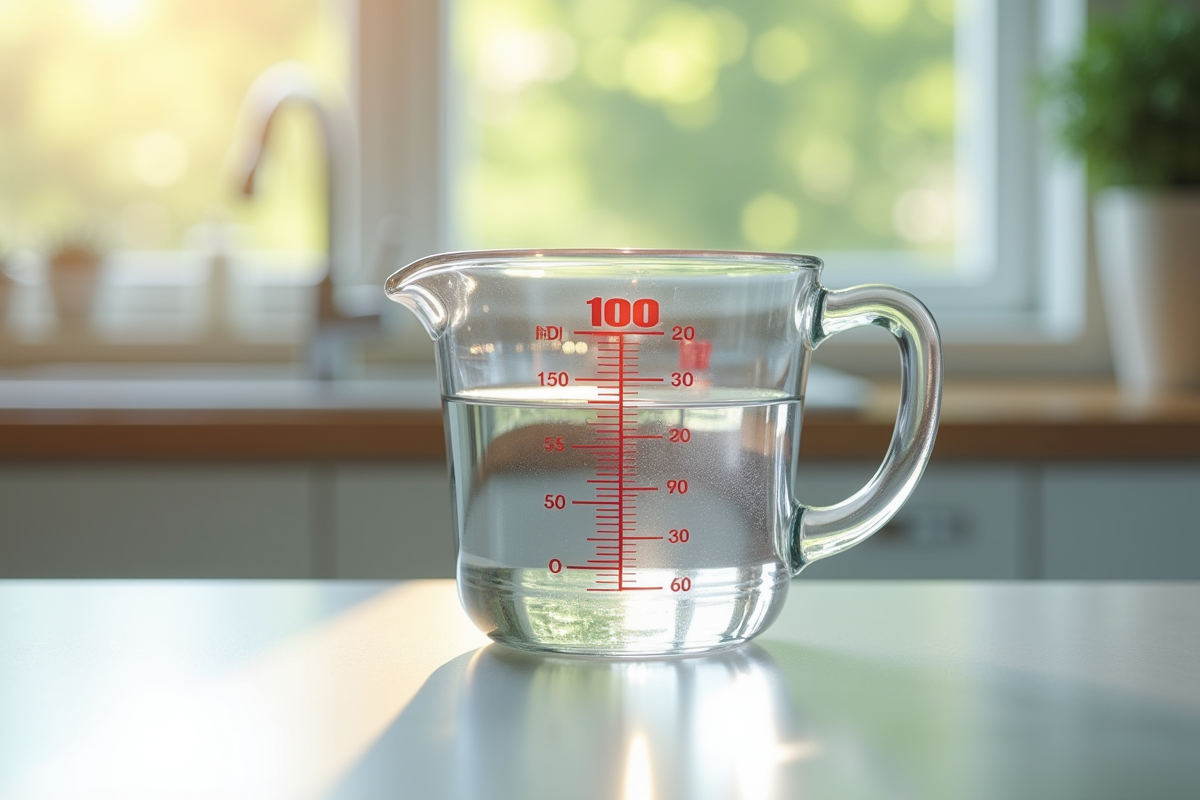 Verre mesureur avec 100g d'eau sur plan de cuisine