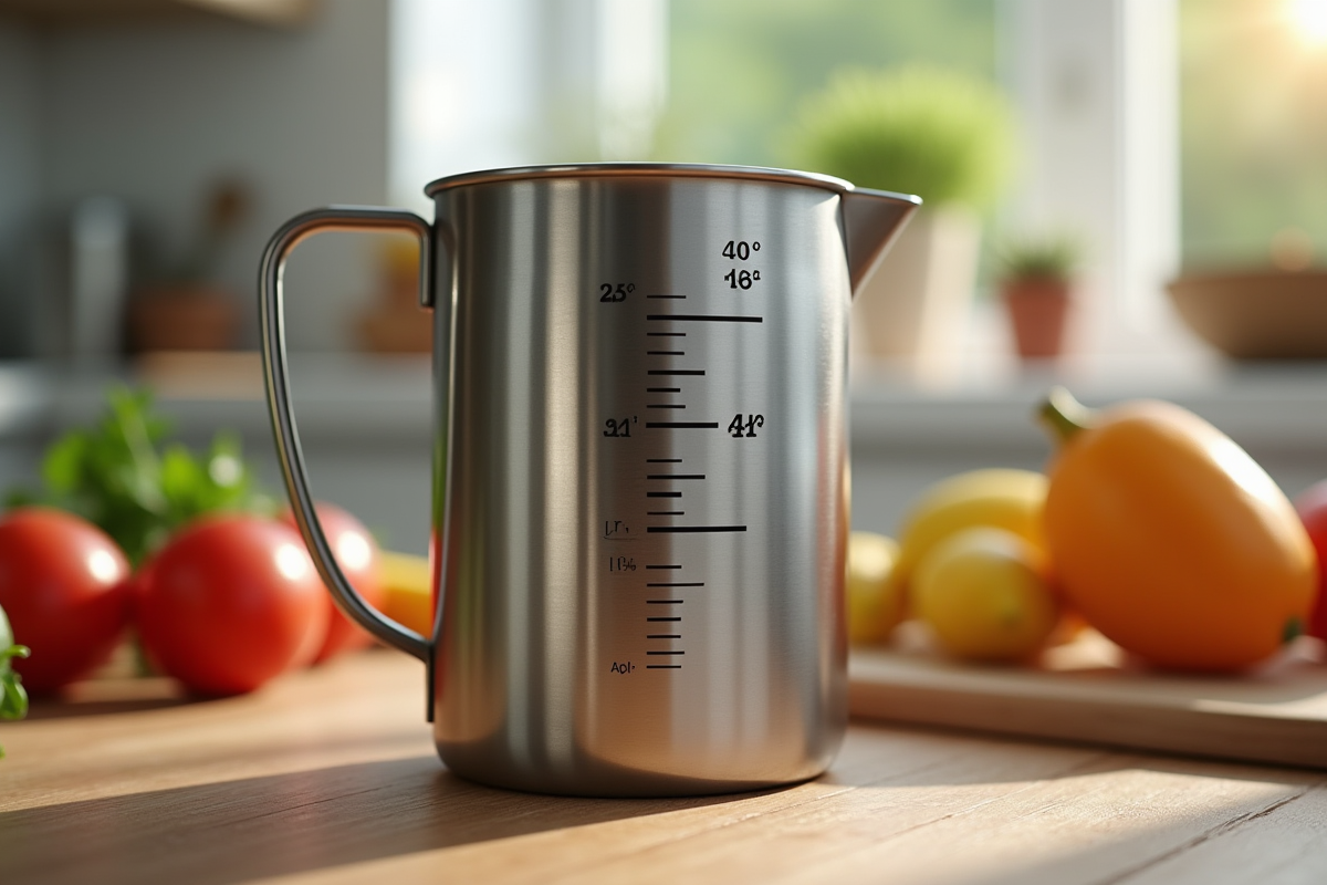 Verre mesureur en inox rempli à 45 cl sur une table en bois