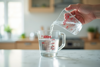 Versement d'eau dans un verre mesureur en cuisine