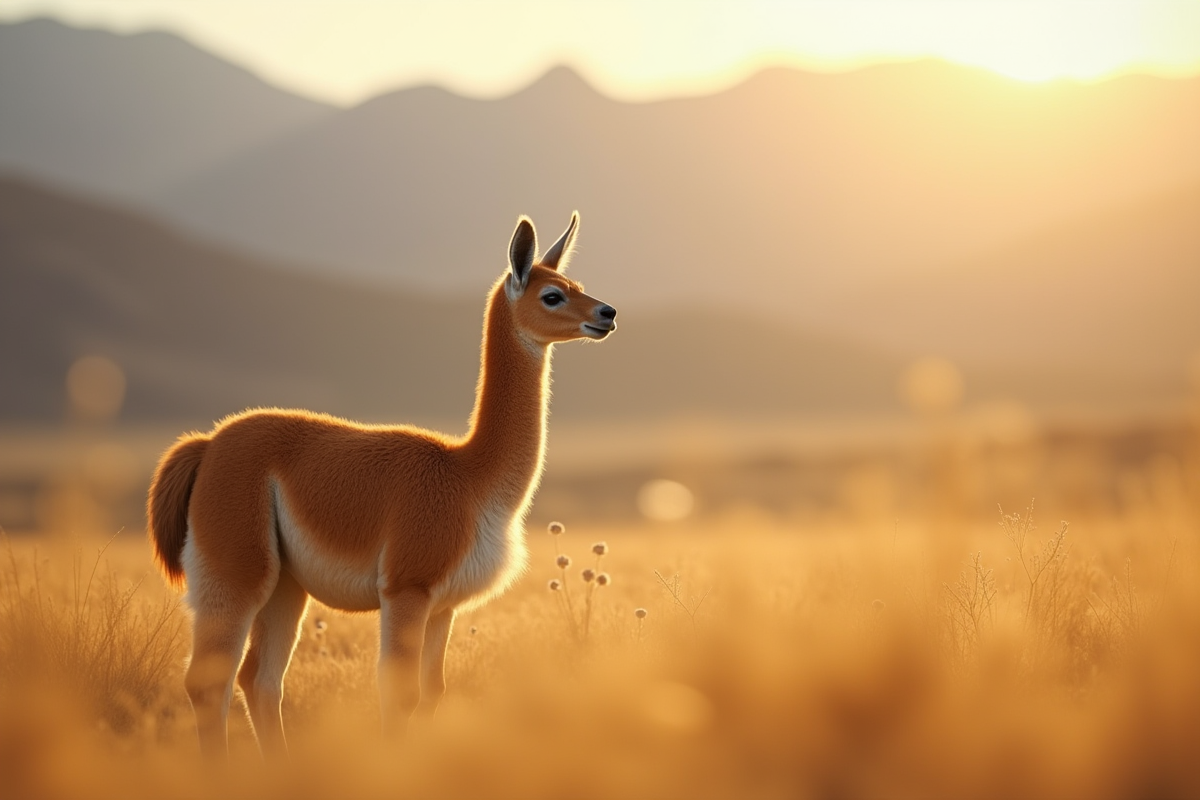 Vicuña en profil dans un paysage andin ensoleille